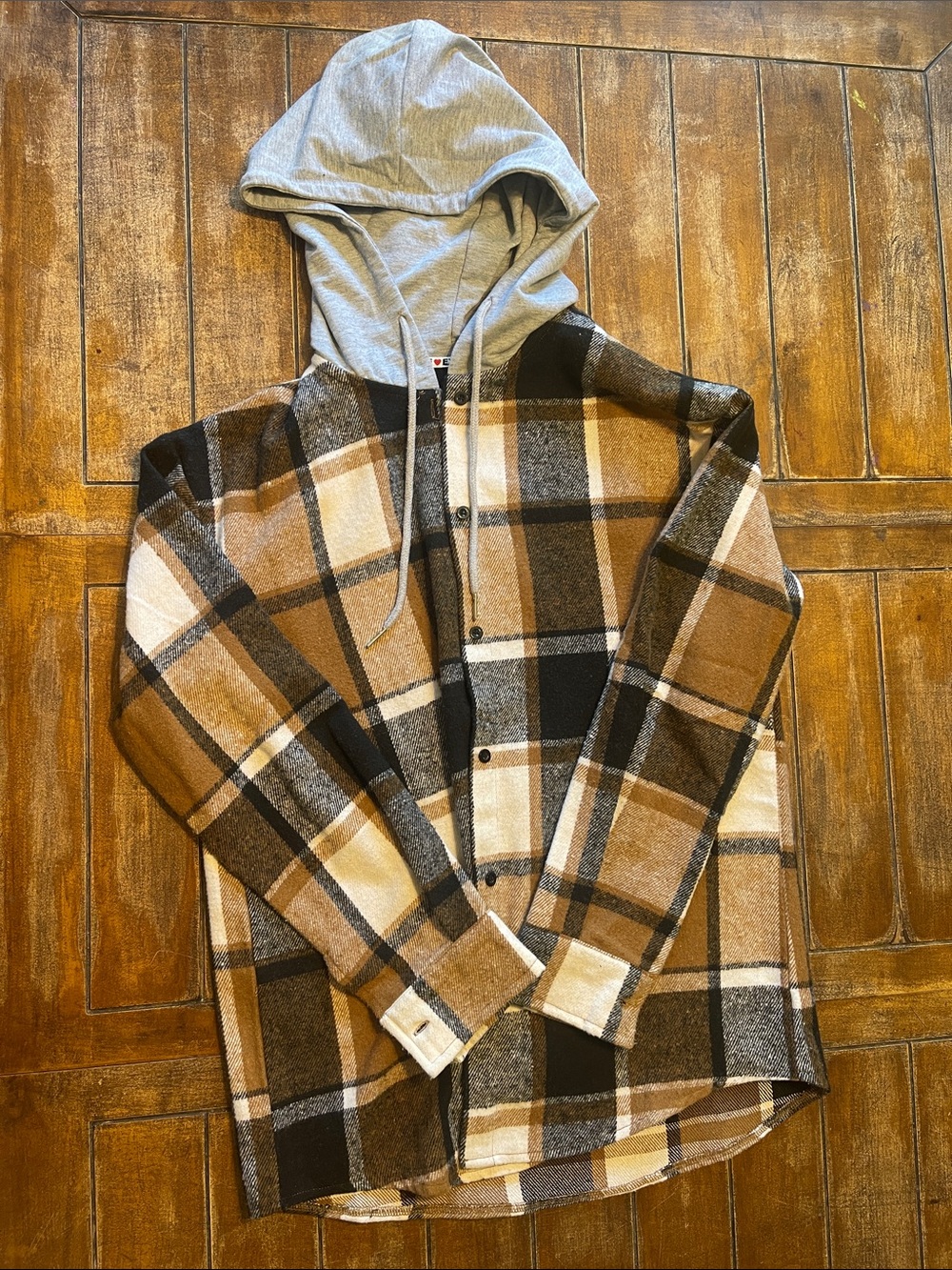 Plaid Hooded Button-Up Shirt Jacket - Brown/Black
